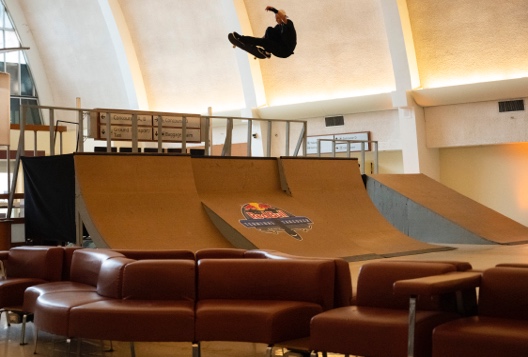 Skateboarder on ramp in Parabola Lobby