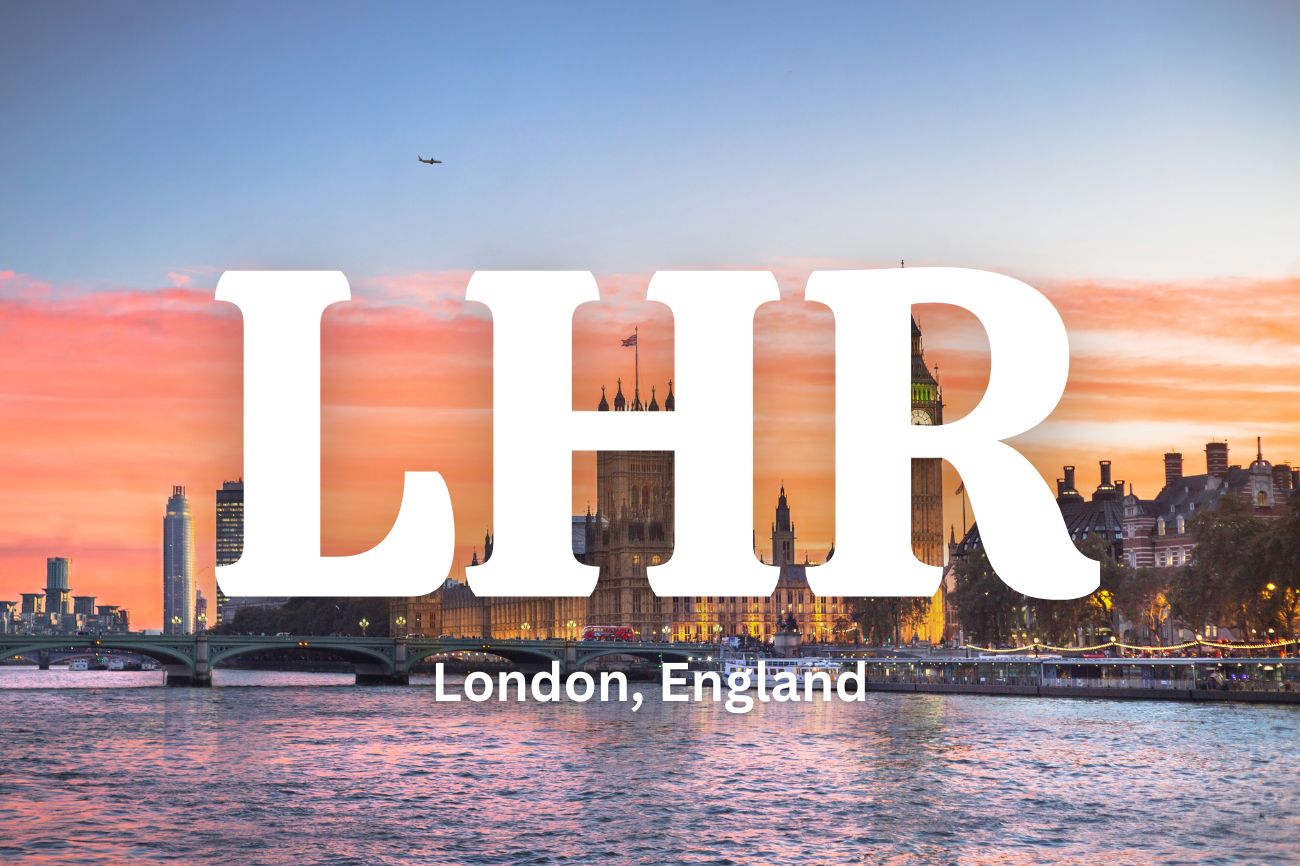 Text: LHR London, England the London skyline at sunset is behind the text