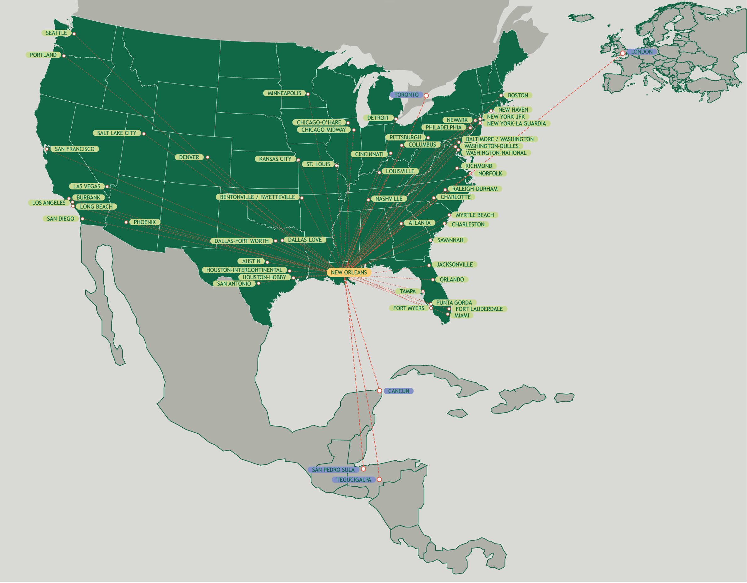 Louis Armstrong New Orleans International Nonstop Routes Map